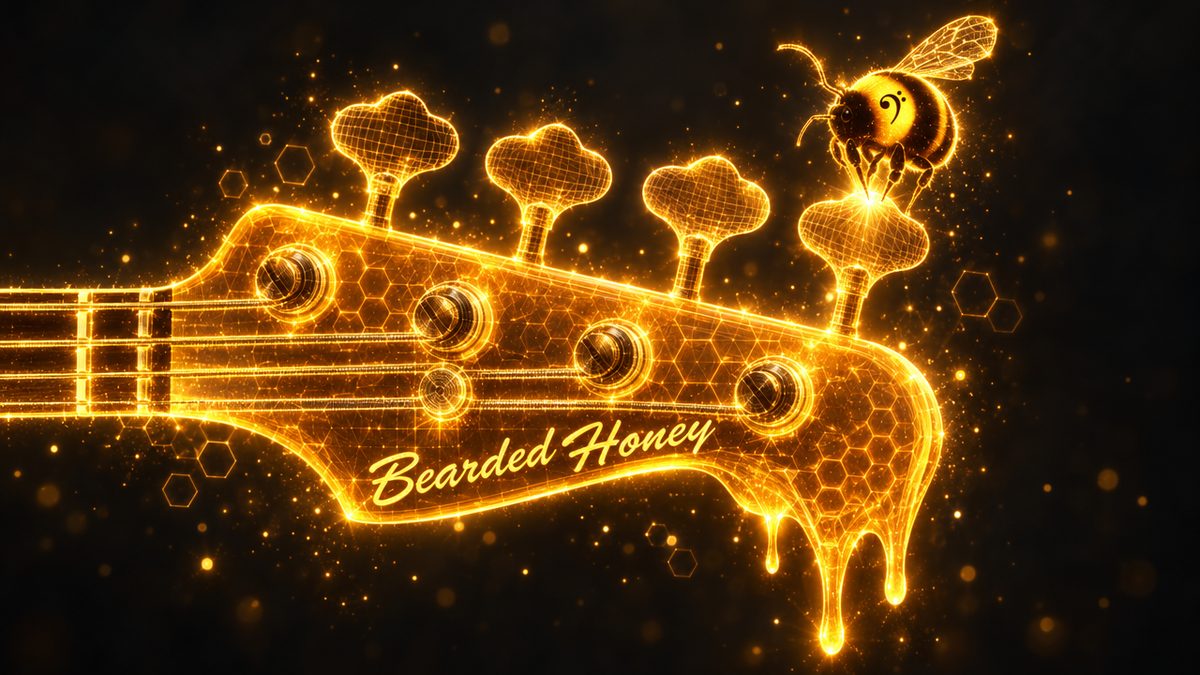 A golden light bee landing on a Bearded Honey bass headstock